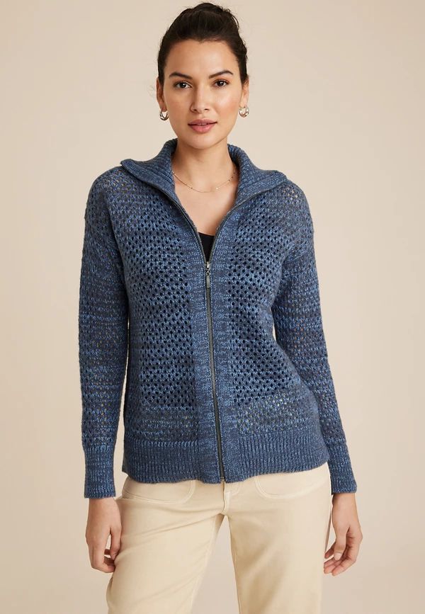 Open Stitch Zip Up Cardigan | Maurices