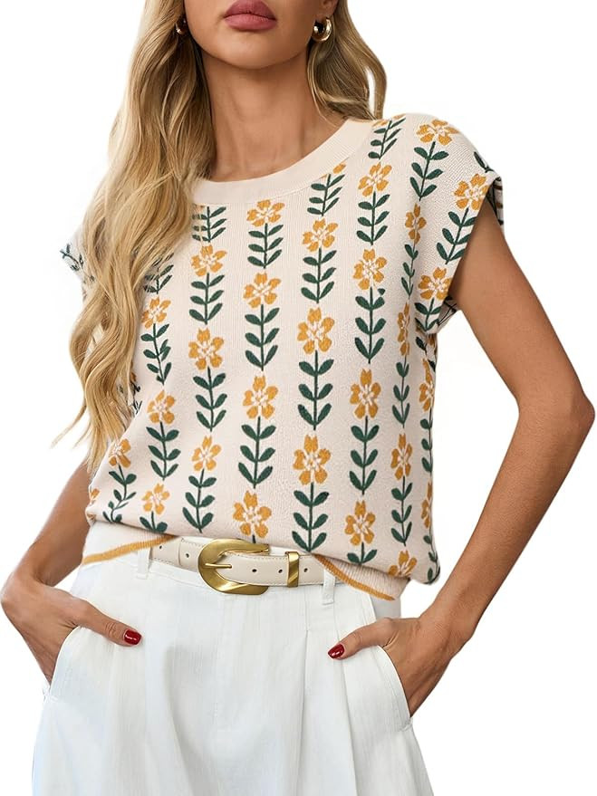 Womens Sleeveless Sweater Vest Crewneck Cap Sleeve Knit Tops Trendy 2026 Summer Spring Business C... | Amazon (US)