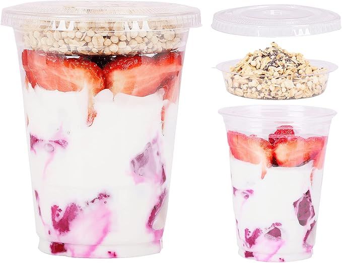 16 oz Clear Plastic Parfait Cups with Insert 4oz & Flat Lids No Hole - (40 Sets) Yogurt Fruit Par... | Amazon (US)
