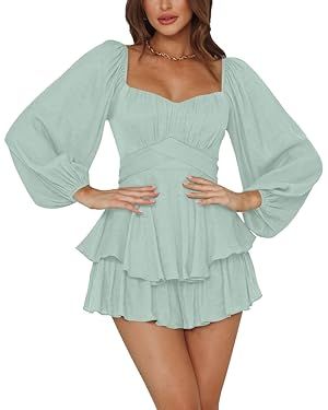 LYANER Women's Jumpsuit Lantern Long Sleeve Ruffle Layer Tie Mini Short Romper | Amazon (US)