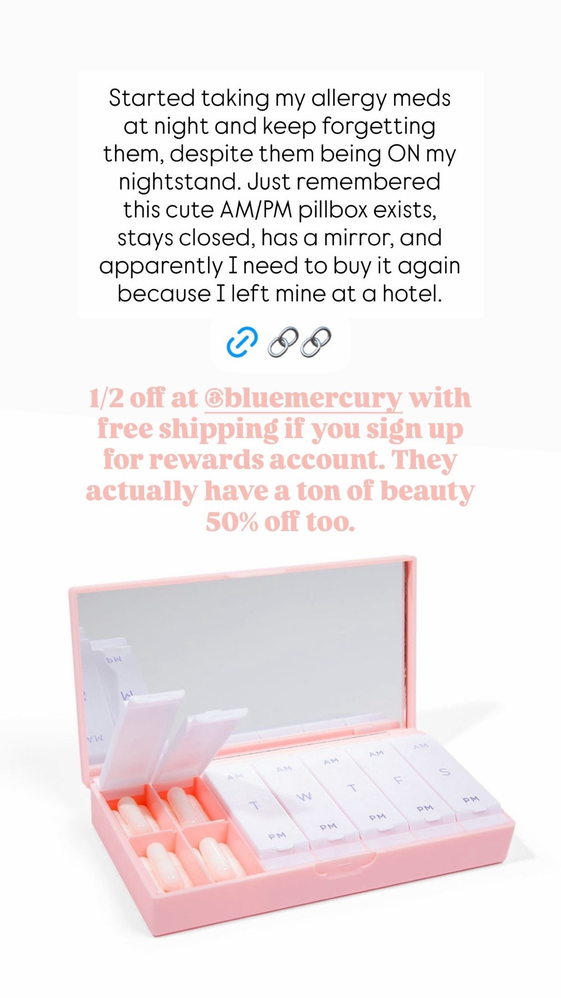 Bluemercury has a lot of products that are 50% off + free shipping right now when you sign up for a rewards account, including this AM/PM pill box that I love. Something about the fact that it’s actually kinda cute motivates me more to use it, and I also love that it has a mirror inside.

#LTKSaleAlert #LTKselfcare #LTKTravel