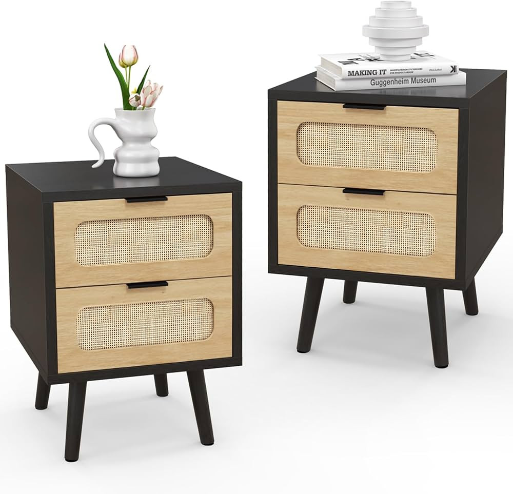 HOPUBUY Nightstands Set of 2 with Rattan Drawer, Modern Night Stand for Bedrooms, Wooden 2 Drawer... | Amazon (US)