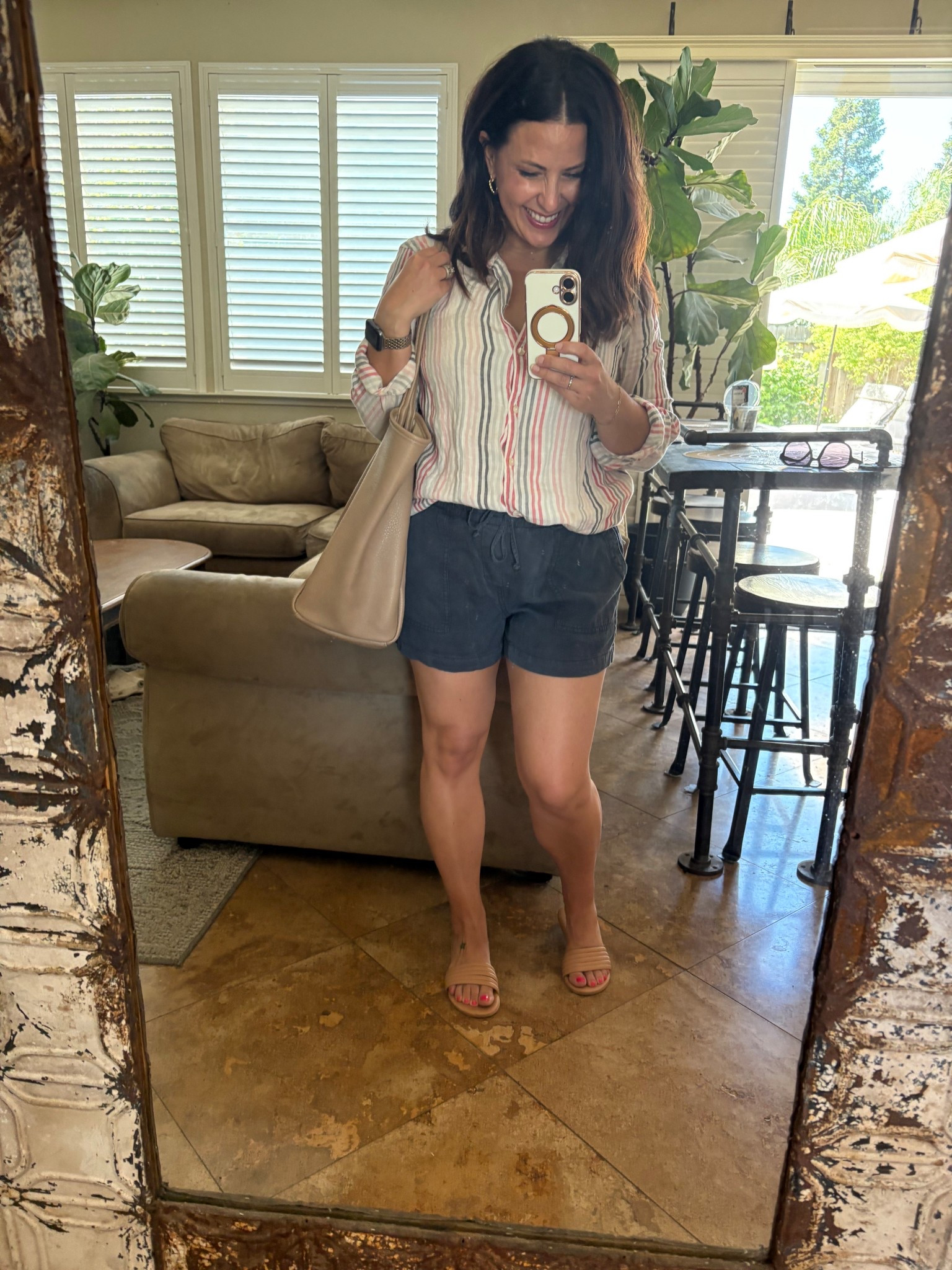 Linen drawstring shorts and striped button down shirt for a 92° at the pool! It’s definitely starting to feel like summer. Wearing a small in my shorts and shirt. 

Summer Outfit 


#LTKOver40 #LTKSeasonal #LTKPetite