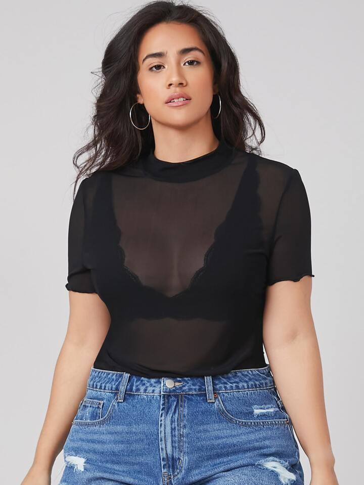 SHEIN Essnce Plus Mesh Sheer Top Without Bra | SHEIN