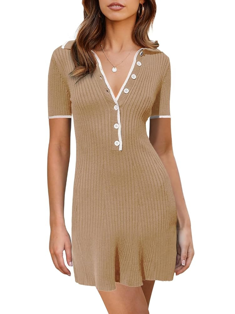 Saodimallsu Womens V Neck Short Sleeve Slim Fit Bodycon Sweater Dress Button Up Ribbed Knit Mini ... | Amazon (US)
