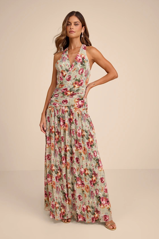 Sylvanna Sage Floral Halter Drop Waist Maxi Dress | Lulus
