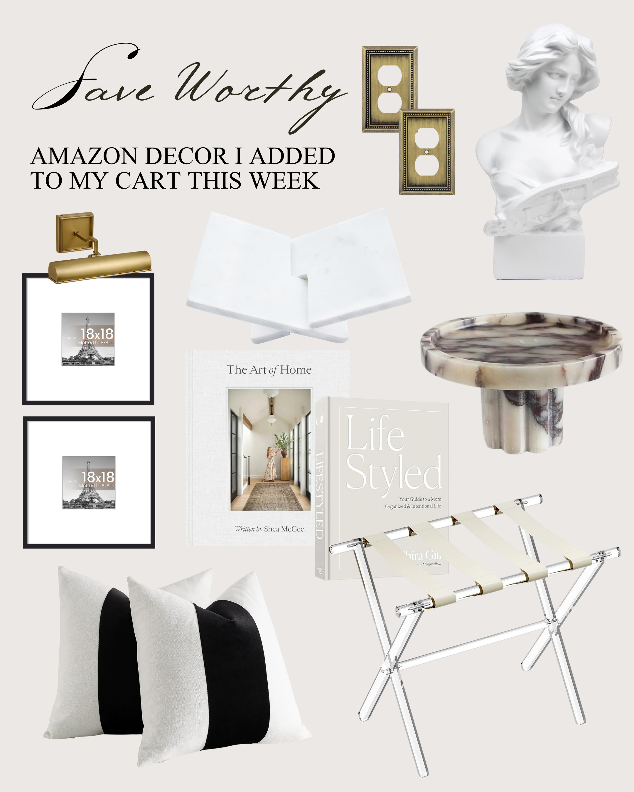 You know I don’t “window shop.”
If it’s in my cart… it’s earned its spot.

This week’s Amazon home decor finds are leaning classic, neutral, and a little bit European-inspired — brass picture lighting, vintage-style outlet covers, marble accents, structured black-and-ivory pillows, and design books that double as styling pieces.

The common thread?
Timeless shapes. Warm metals. High-contrast neutrals. Pieces that make a space feel intentional — not trendy.

If you’re building a home that feels elevated but effortless, these are the kind of layers that do the heavy lifting.

Save this for your next refresh and tell me which piece you’d style first!

#ltkhome #amazonhome #amazonhomefinds #neutralhome #classicinteriors #timelessdesign #moderntraditional #europeaninspired #homeinspo #interiorstyling #homedecorfinds #designinspiration #cozyminimalism #brassaccents #marbledecor 

 #LTKHome
