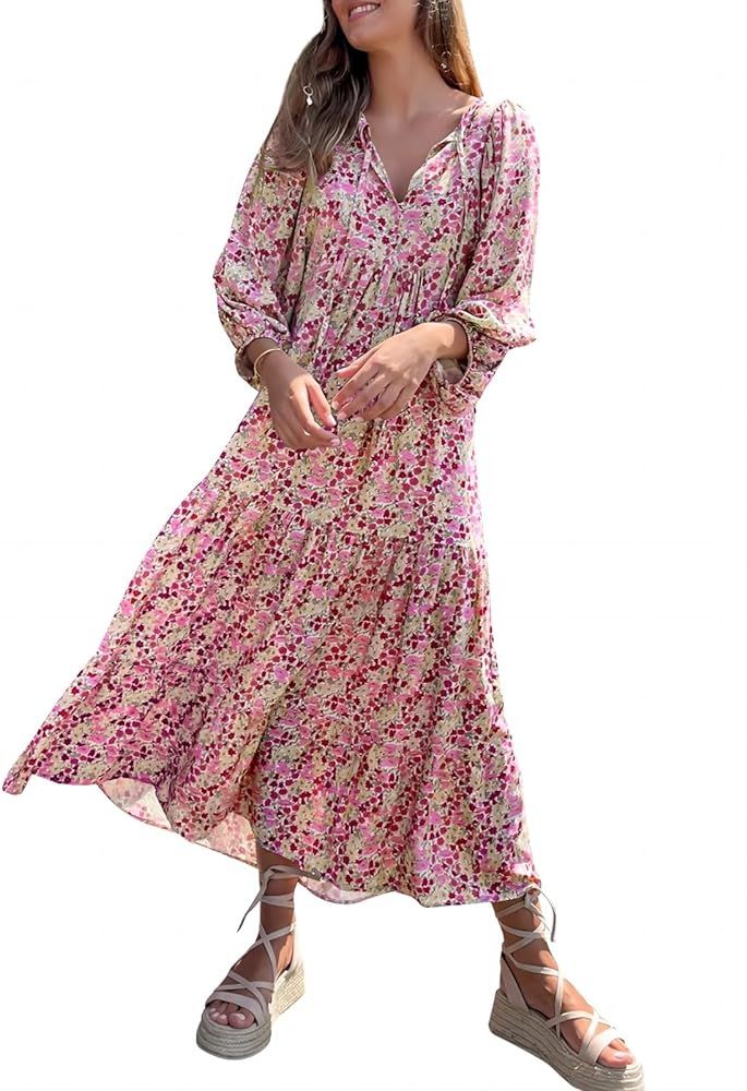 Womens Loose Fit Casual Summer V Neck Half Sleeve Bohemian Geometric Pattern Maxi Long Dresses | Amazon (US)
