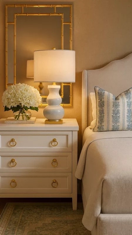 cozy bedroom design, upholstered bed, Jillien harbor pillows, euro pillows, nightstand, lamp, white bedroom, grandmillennial bedroom, classic style 

#LTKHome