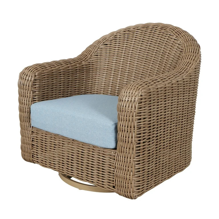 Better Homes & Gardens Bellamy Outdoor 1pk Swivel Glider Chair, Tan Wicker/Blue Cushion | Walmart (US)