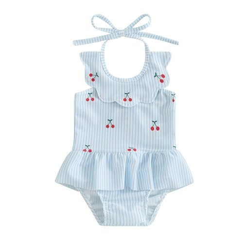 Baby Girl One Piece Swimsuit Cherry Print Bathing Suit Sleeveless Halter Striped Swim Dress Summer Beach Swimwear (Sky Blue, 2-3 Years) | Amazon (US)