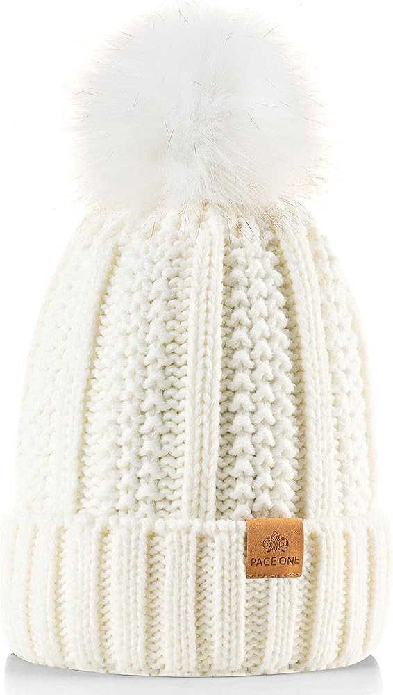 PAGE ONE Womens Winter Thick Cable Knit Beanie Faux Fur Pom Hat Fleece Lined Skull Cap | Amazon (US)
