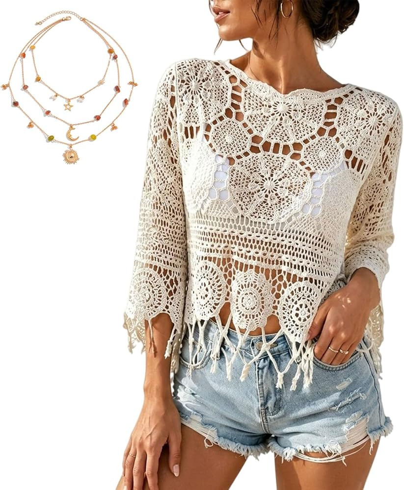 Women's Plain Fringe Trim Cut Out Sheer Cover Up, Boho Scallop Trim 3/4 Sleeve Crew Neck Crochet ... | Amazon (US)