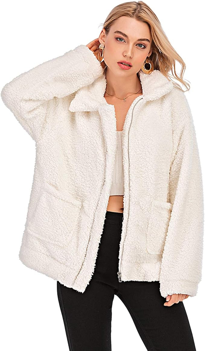 Womens Faux Shearling Jacket, Casual Lapel Fleece Fuzzy Jacket Shaggy Oversized Jacket Fashion Ca... | Amazon (US)