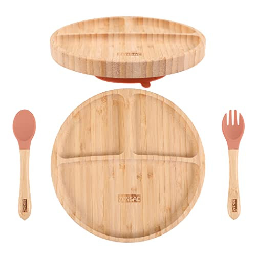 3PCS Bamboo Baby Plate with Silicone Spoon & Fork, Baby Suction Food Plate, All-Natural Baby Plat... | Amazon (US)