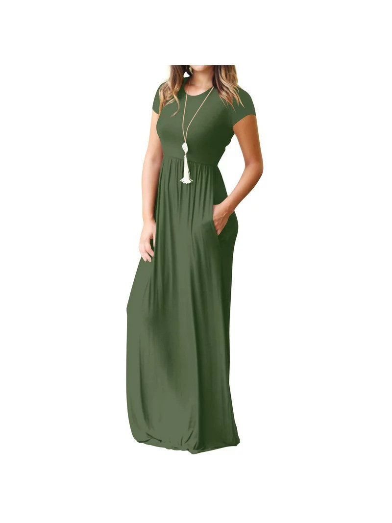 Mengpipi Women's Maxi Dresses Short Sleeve Long Casual Dresses Loose Plain with Pockets, Army Gre... | Walmart (US)