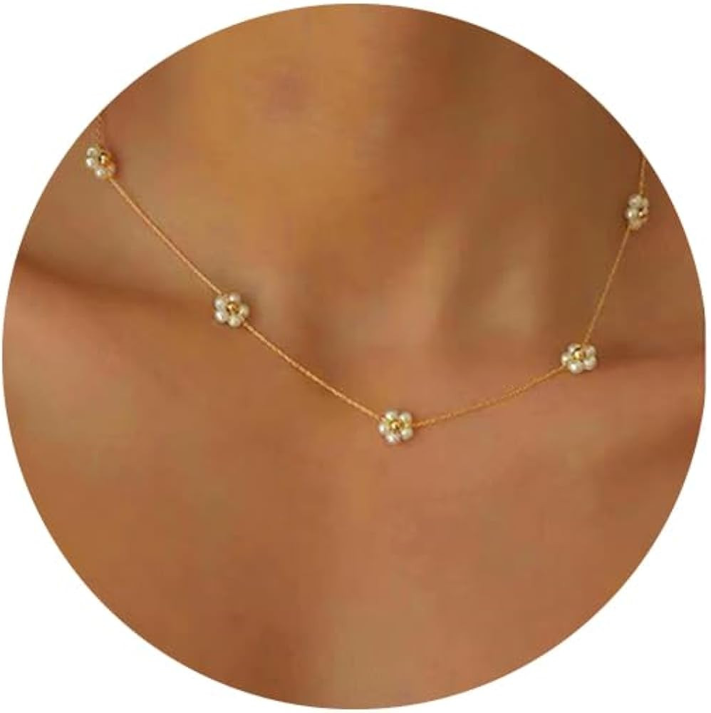 Daisy Pearl Necklaces for Women, Dainty Gold Plated Cute Flower Handmade Simple Pearl Collars Nec... | Amazon (US)