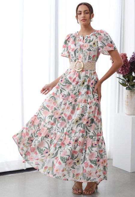 Blushing Pink Floral Eyelet Embroidered Maxi Dress | Chicwish