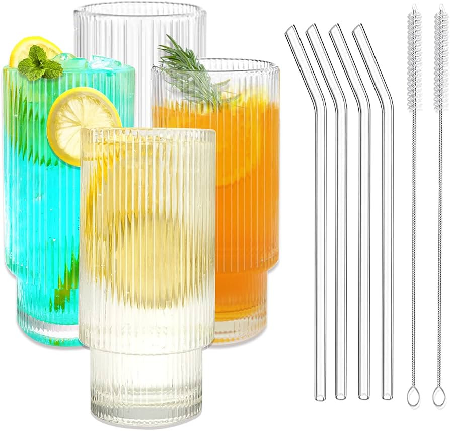 16oz Ribbed Glass Cups with Straws, Large Drinking Glasses Set of 4, Vintage Fluted Glassware for... | Amazon (US)