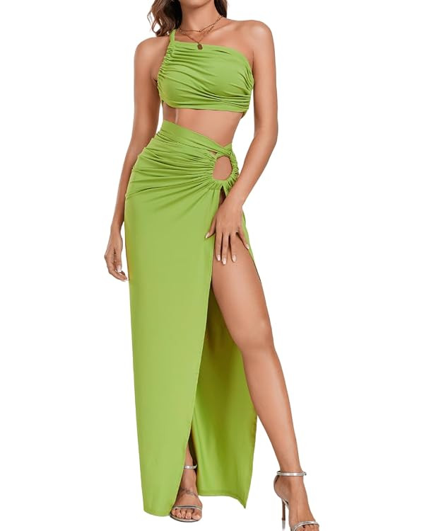 ChiaoLezhee 2 Piece High Slit Skirt Set, Sexy Cutout Floor Length Dress, Cocktail Wedding Guest, ... | Amazon (US)