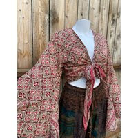 Bohemian 70S Hippie Long Bell Sleeve Wrap Top With Front Tie, Colorful Flower Pattern, Festival Boho Fairy Goddess, Casual Going Out, Earthy | Etsy (US)