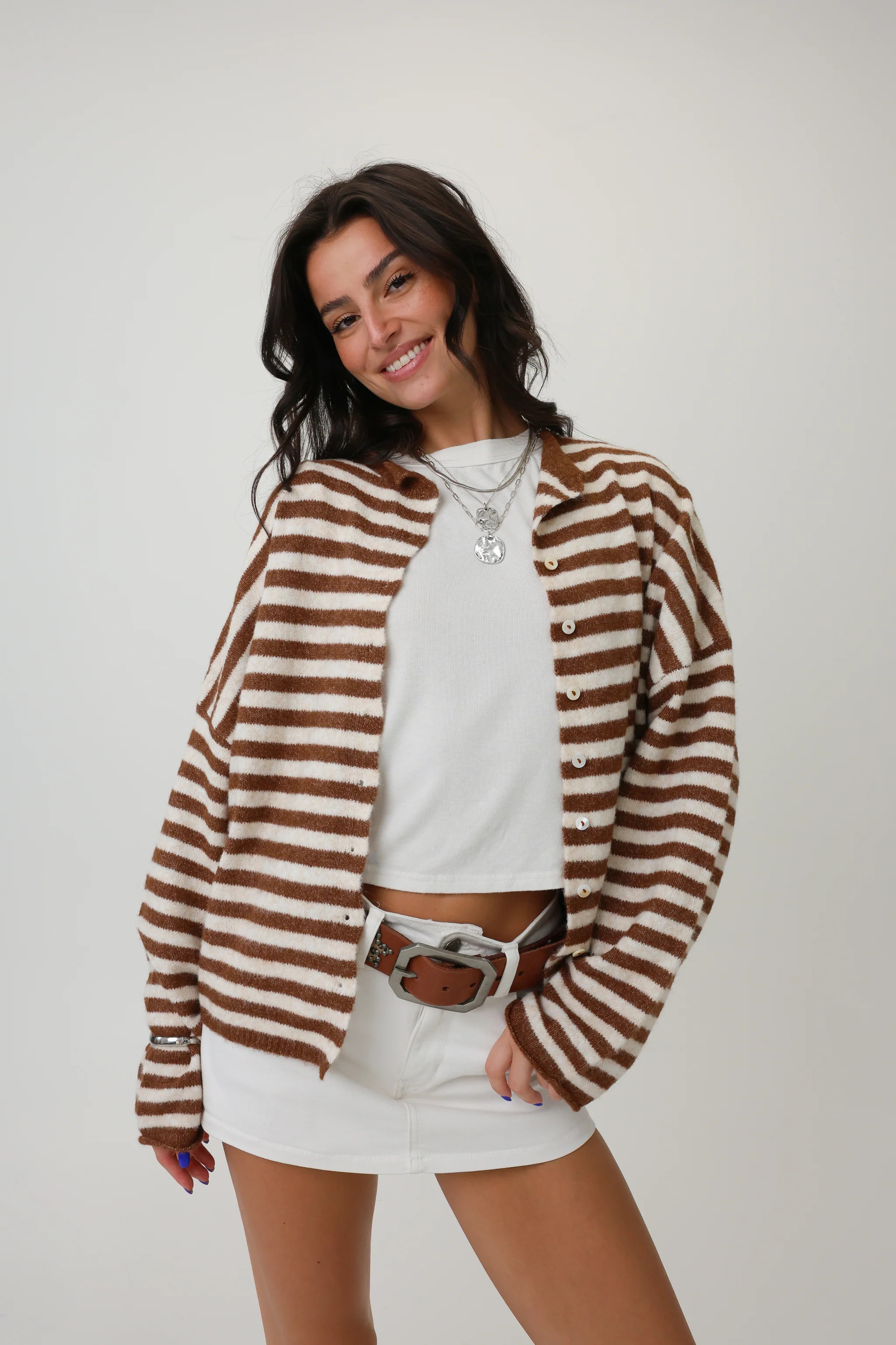 Phoebe Cardigan in Brown/Ivory Stripe | Grey Bandit