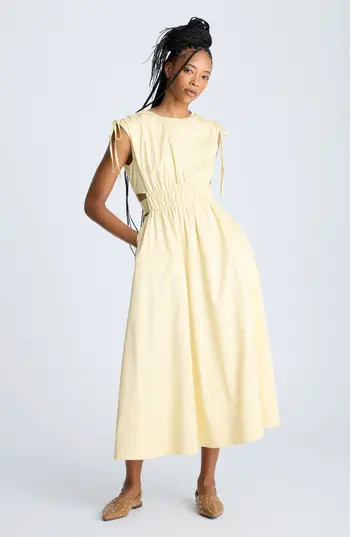 Kenneth Cole Cutout Detail Ruched Waist Stretch Cotton Midi Dress in Papyrus at Nordstrom Rack, Size 10 | Nordstrom Rack