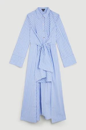 Tall Cotton Stripe Tie Detail Midi Shirt Dress | Karen Millen UK + IE + DE + NL