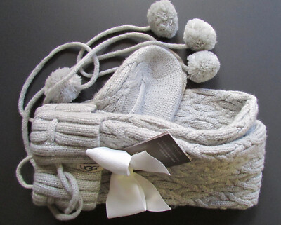 UGG Socks Over the Knee Cable Knit Pom Poms Gray Violet w Silver Threads New | eBay US