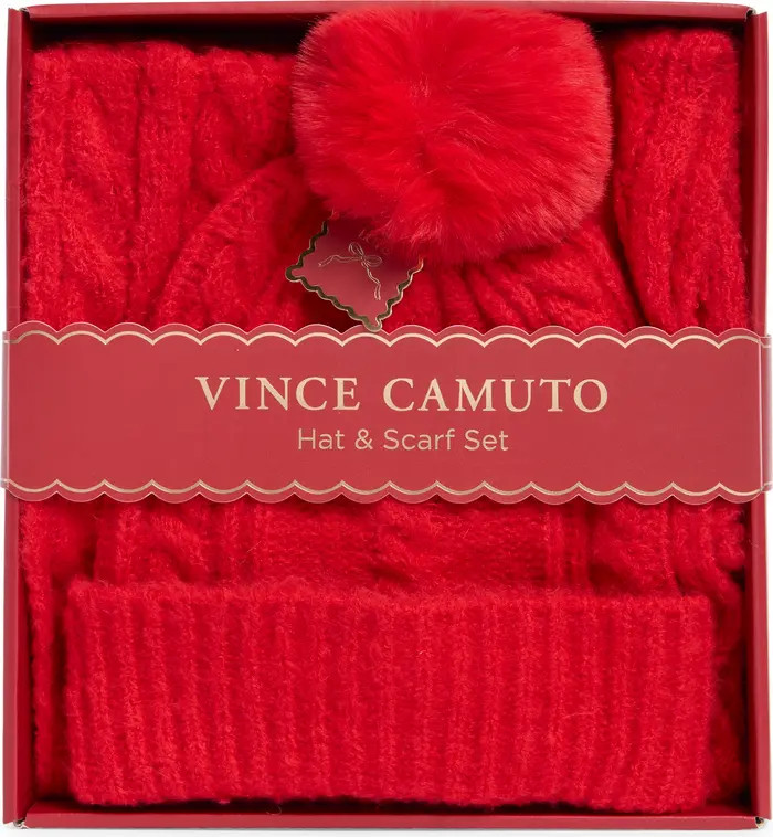 Vince Camuto Cable Stitch Scarf & Faux Fur Pompom Beanie Set | Nordstromrack | Nordstrom Rack