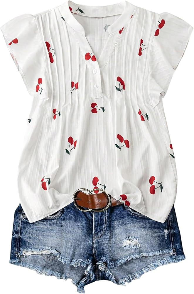 SOLY HUX Plus Size Tops for Women Cherry Print Notched V Neck Ruffle Cap Sleeve Vacation Casual B... | Amazon (US)