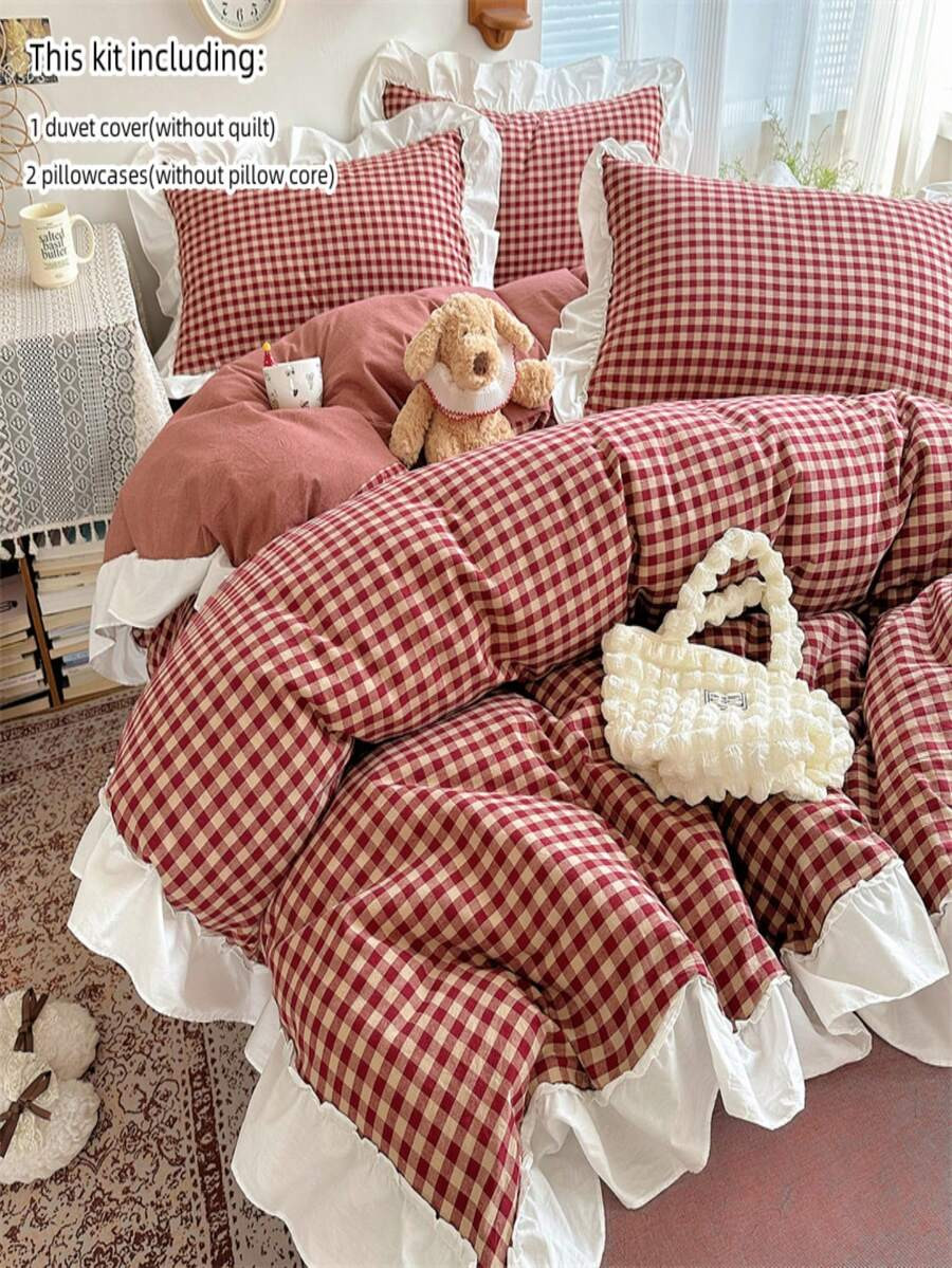 3pcs Plaid Floral Print Bedding Set Including Duvet Cover And Pillowcases (No Filler), Soft And B... | SHEIN