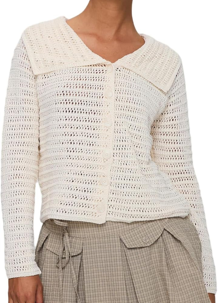 Women Button Up Crochet Cardigan Sweater Y2K Long Sleeve Collared Hollow Out Loose Fit Knit Coat ... | Amazon (US)
