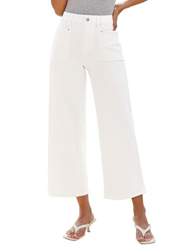 luvamia Wide Leg Jeans Woman Cropped Trendy Patch Pocket High Waisted 2026 Baggy Loose Straight Leg Stretchy Denim Pants Women's Jeans High Waisted Cream White Size X-Large Fits US Size 16-18 | Amazon (US)
