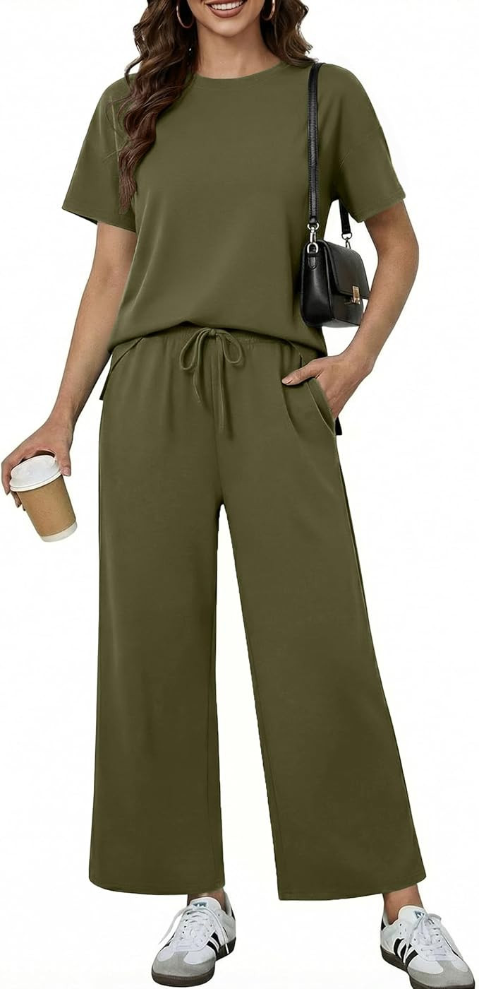 PINSPARK Soft 2 Piece Sets for Women Short Sleeve Matching Lounge Set Wide Leg Pants Tracksuit Tr... | Amazon (US)