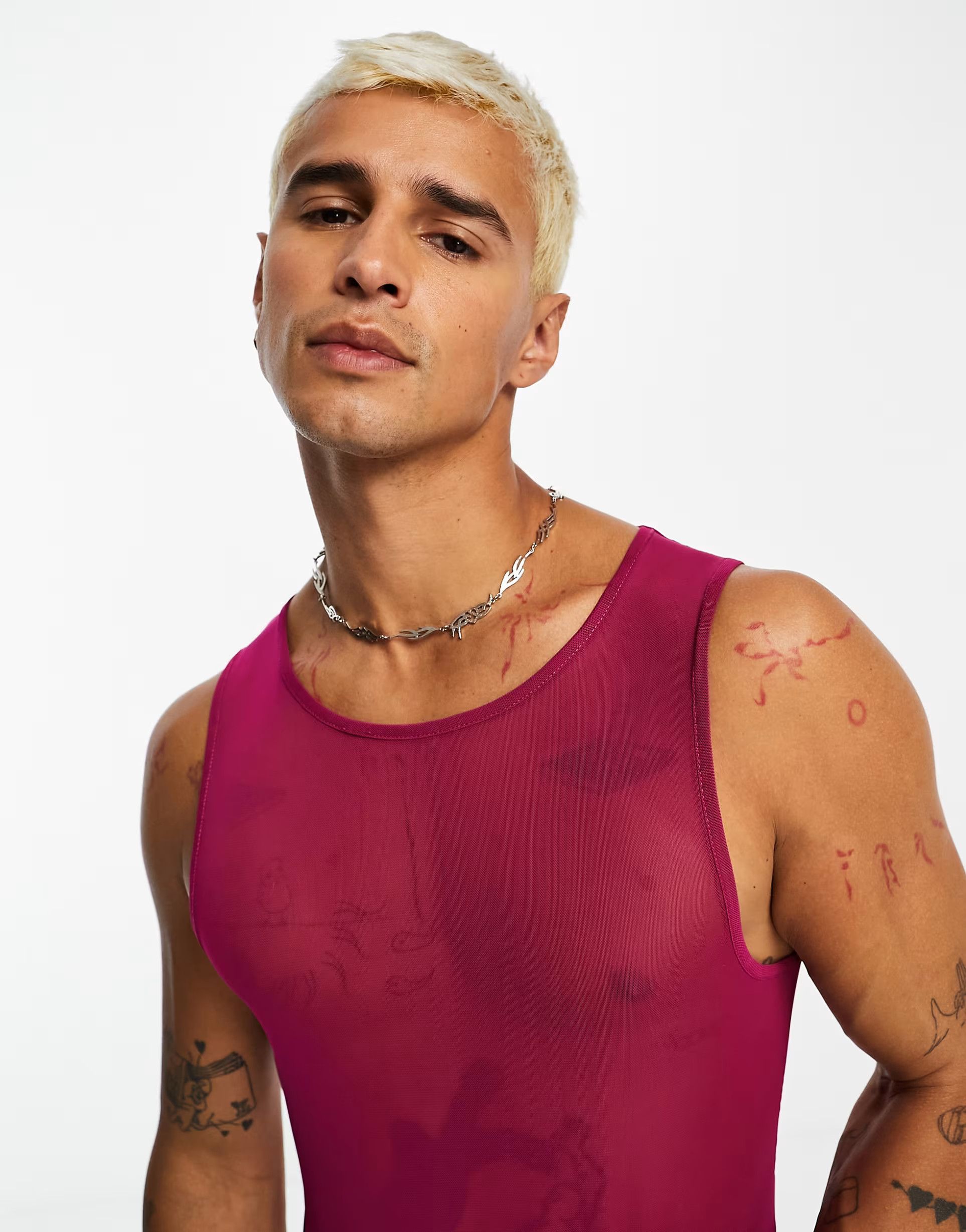 ASOS DESIGN muscle fit bodysuit in pink mesh | ASOS (Global)
