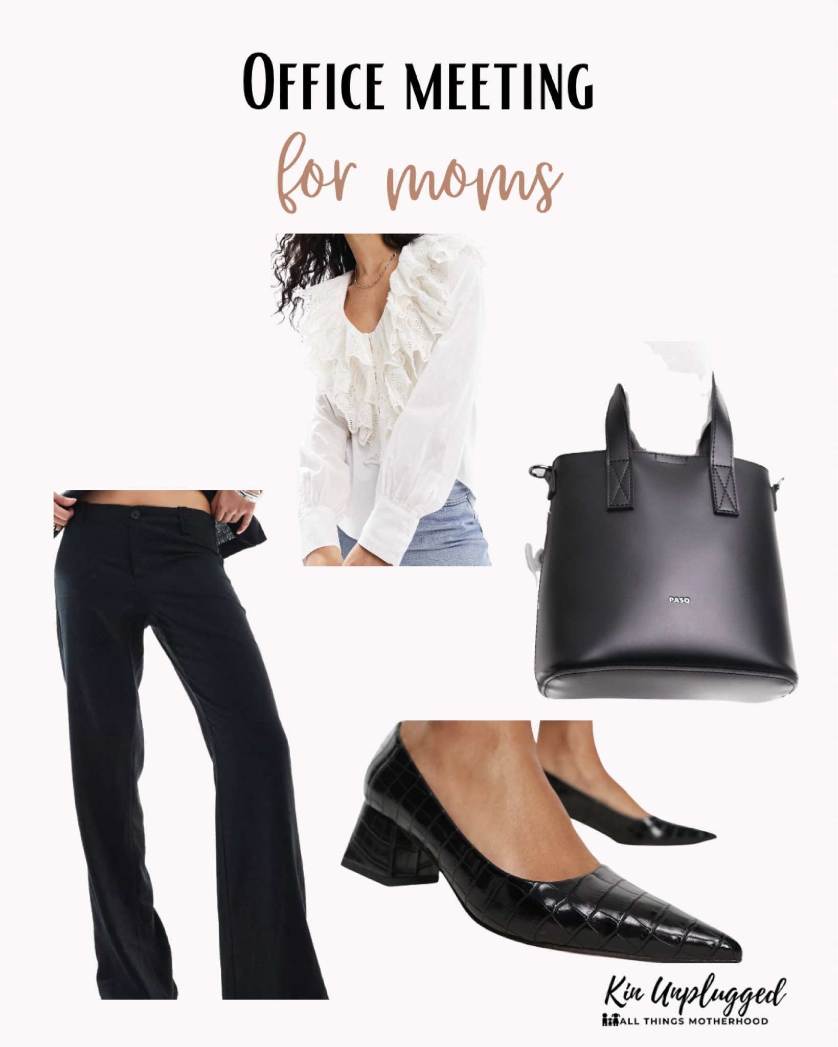 Be ready for your office meetings with this polished yet comfortable outfit.

	•	Top: Nobody’s Child Blouse with Ruffle Detail
	•	Bottoms: ASOS Design Tailored Trousers
	•	Shoes: ASOS Design Block Heel Pumps
	•	Bag: ASOS Structured Tote Bag

#OfficeStyle #BusinessCasual #MomLife #ASOSFinds

#LTKstyletip #LTKworkwear