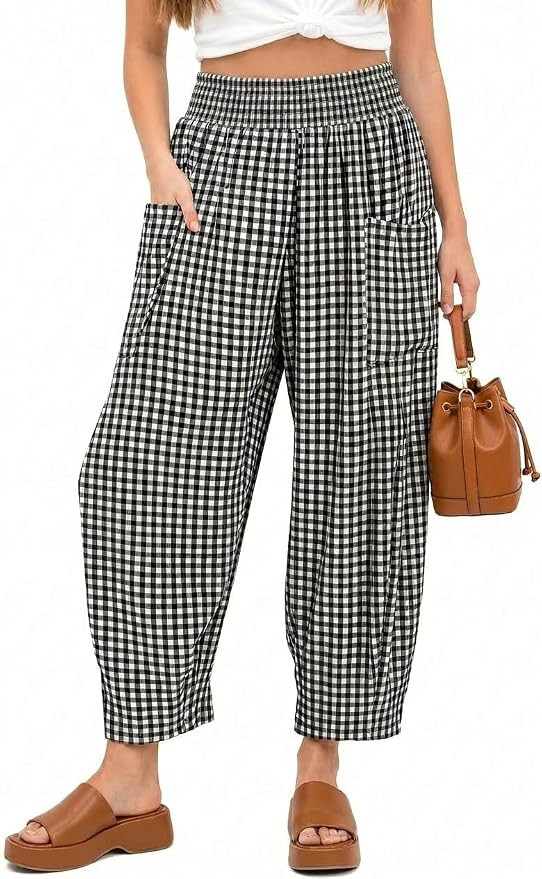 Girls Linen Harem Pants Kids Palazzo Gingham Trousers Elastic High Waist Plaid Wide Leg Bottoms w... | Amazon (US)