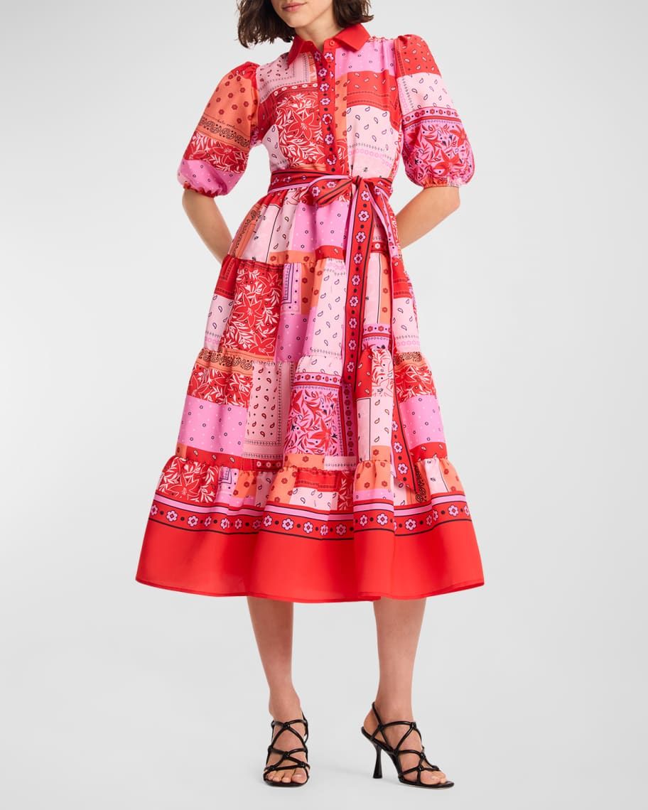 kate spade new york tiered patchwork-print midi shirtdress | Neiman Marcus