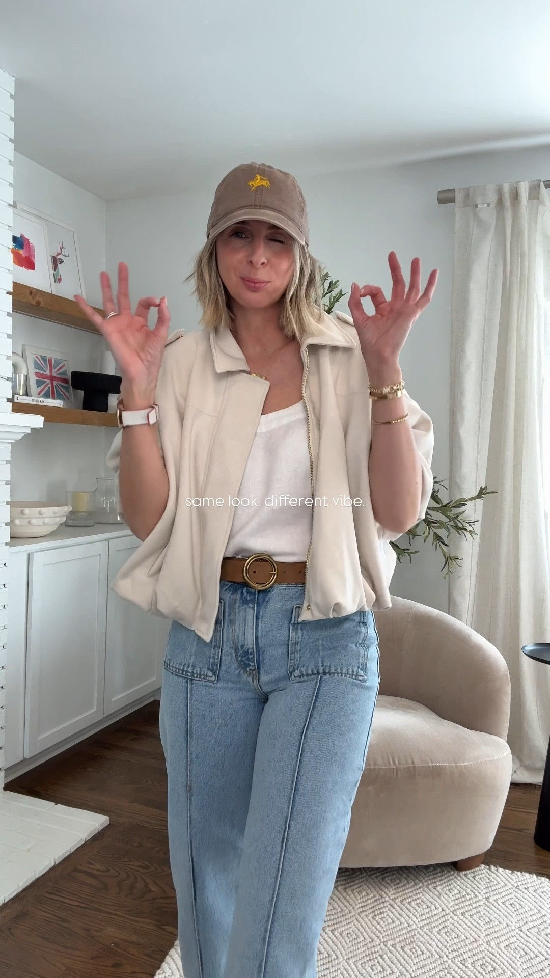 from heels to flats. same basics. two different vibes. 🫰

this jacket tho. THIS JACKET!! wearing the small. i’m obsessed. it’s soft. feels like velvet. is really effin cool. annnnd, it’s going to work with everything you own…jeans to dresses. i’m talking EVERYTHING! you could actually wear this all year round too. 👌 

these jeans. MY GAWD i love ‘em! wearing size 6.  patch pockets. pronounced front seam. wide leg and cropped. perfection!! 🤌

this linen tank is a great basic for spring and summer! wearing the small. love the square neckline. 

sparkly heels are sold out zara BUT  i have a legit amazon dupe. i wear these all year round and am always stopped when i wear them. happened this saturday, actually! 

flip flops are cheap and chererful. love the neutral tone. throw ‘em on with anything!!


#LTKootd #LTKOver40 #LTKgrwm