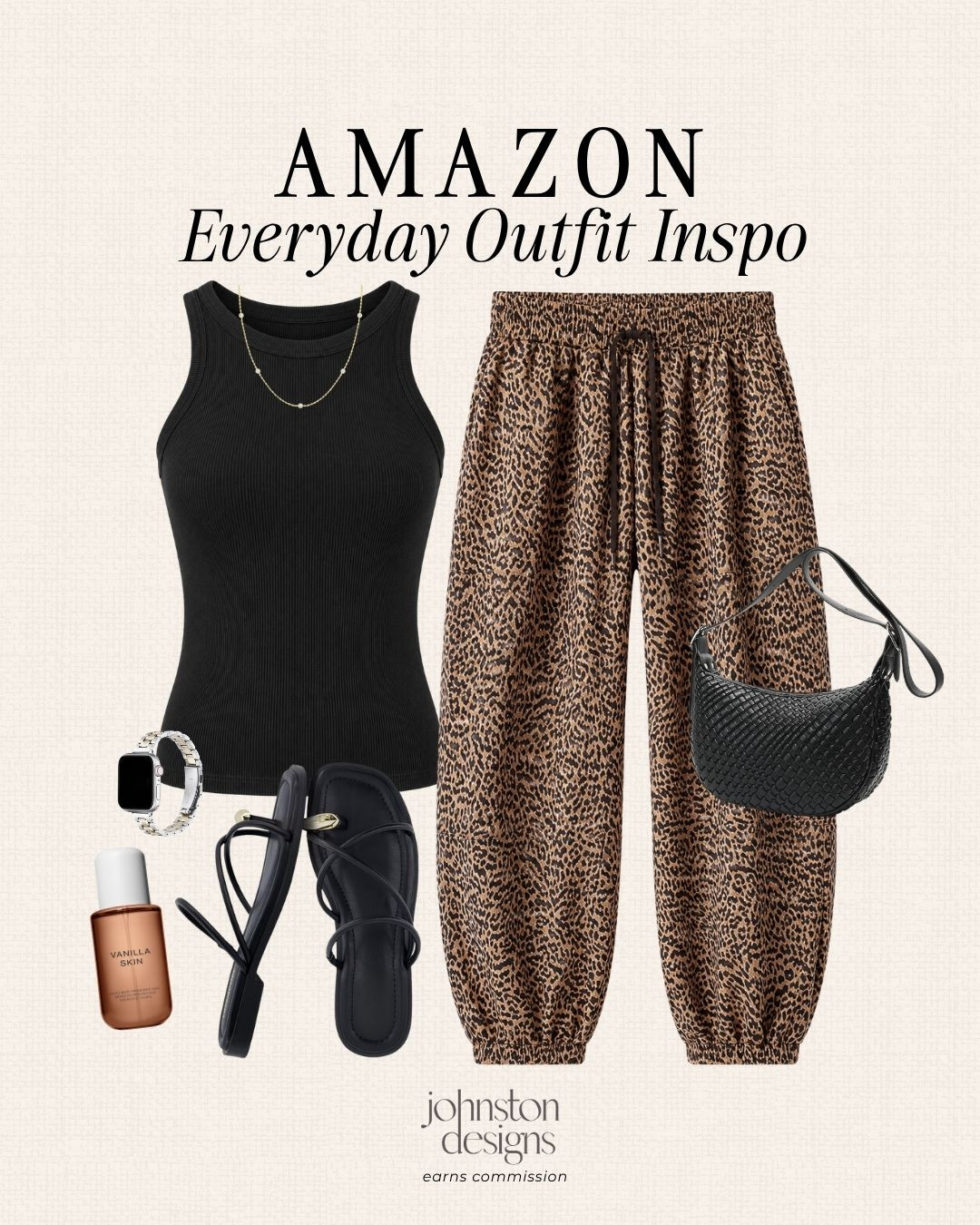 An effortless everyday outfit with a little leopard print to keep it fun. Pair these relaxed joggers with a fitted black tank, strappy sandals and simple accessories for errands, lunch or casual weekend plans. 🖤

Amazon fashion, amazon outfit, everyday outfit, leopard print pants, casual outfit, car pool, mom style, outfit inspiration, summer outfit, affordable fashion, what to wear, amazon finds, throw on and go outfit inspo. 

 #LTKootd