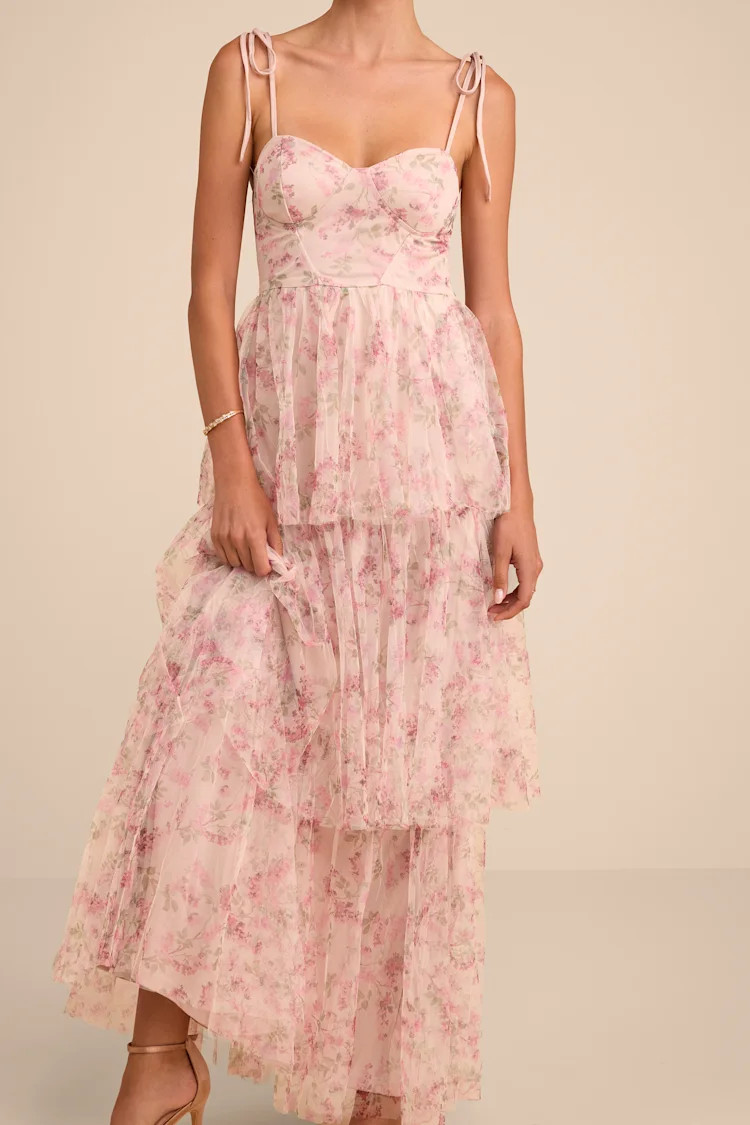 Blissfully Gorgeous Blush Floral Tie-Strap Bustier Maxi Dress | Lulus