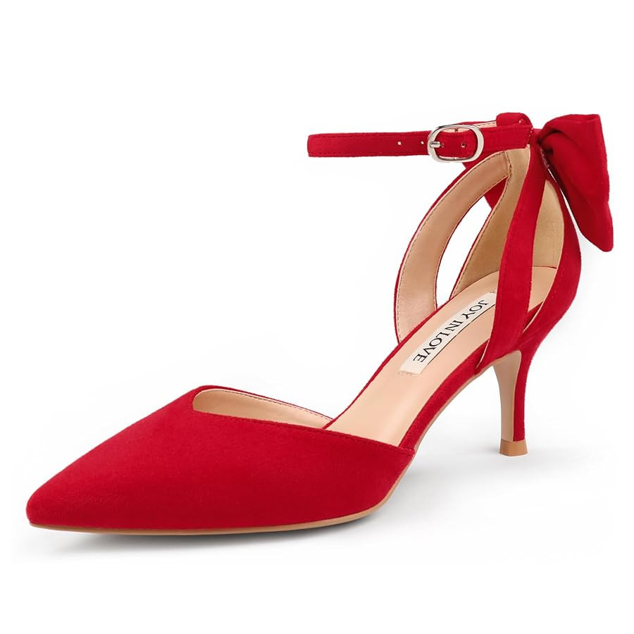JOY IN LOVE Women's Pumps Kitten Bow Heels Closed Pointed Toe Sandals Ankle Strap Dress Shoes | Amazon (US)