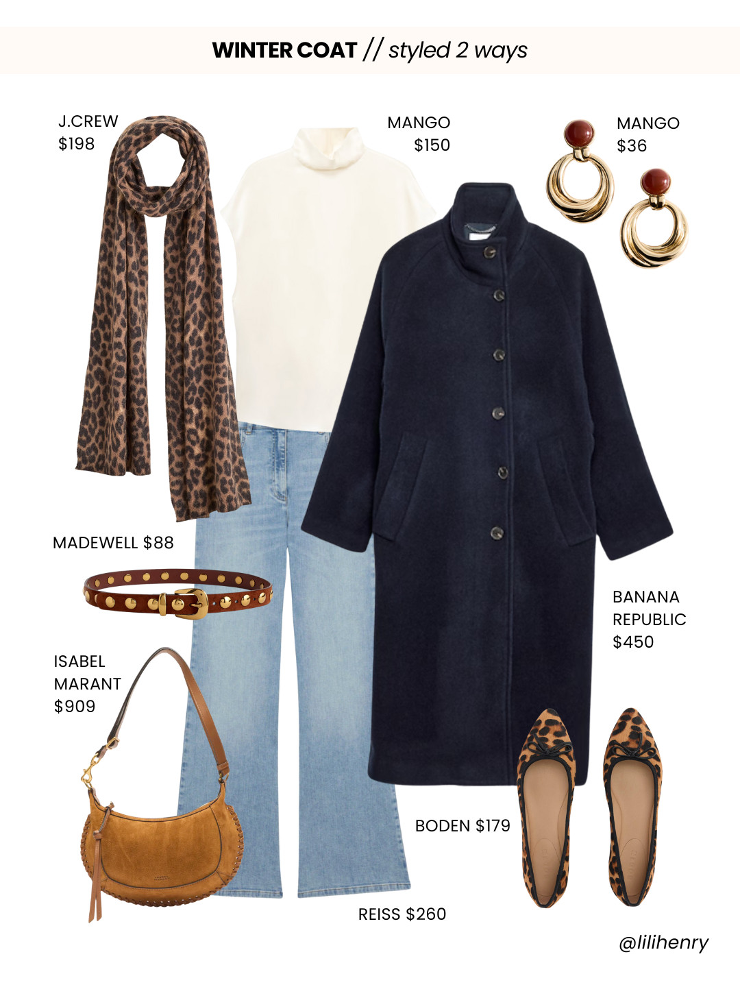 Regardless of how cute your sweater is and how perfectly it matches with your trousers, when we’re walking out the door we’re covering it all up with a big coat.

Accessories are great adornments, decorations to the outfit, but there's still a lot to be done to the outfit itself to change the look. So let's add texture, layers, and color, of course!

Here are 2 ways to style your winter Navy Coat this season!

✨ Look 1:
Navy doesn’t have to be quiet - the animal-print scarf and matching ballerinas instantly inject a returning trend into a classic coat. 

The brown belt and suede @isabelmarant bag add warmth and texture, while the gold stone-circle earrings echo the print in a subtle, elevated way. It’s refined, playful, and everyday wearable.

✨ Look 2:
Here, the navy coat becomes a perfect canvas for a burst of complementary color. The orange ruffled bag, vintage-style sunglasses, and sculptural hoops pop beautifully against the deep blue, creating a look that feels bold without being loud. 

Tan leather gloves and pointed boots keep the palette grounded so the contrast stays chic and intentional.

Wanting more? Follow me for 2 more winter coats, each styled 2 different ways 😉

Bisous, Lili

P.S. You can snag these exact items right here on my LTK! 

 #LTKHoliday #LTKSeasonal #LTKBeauty