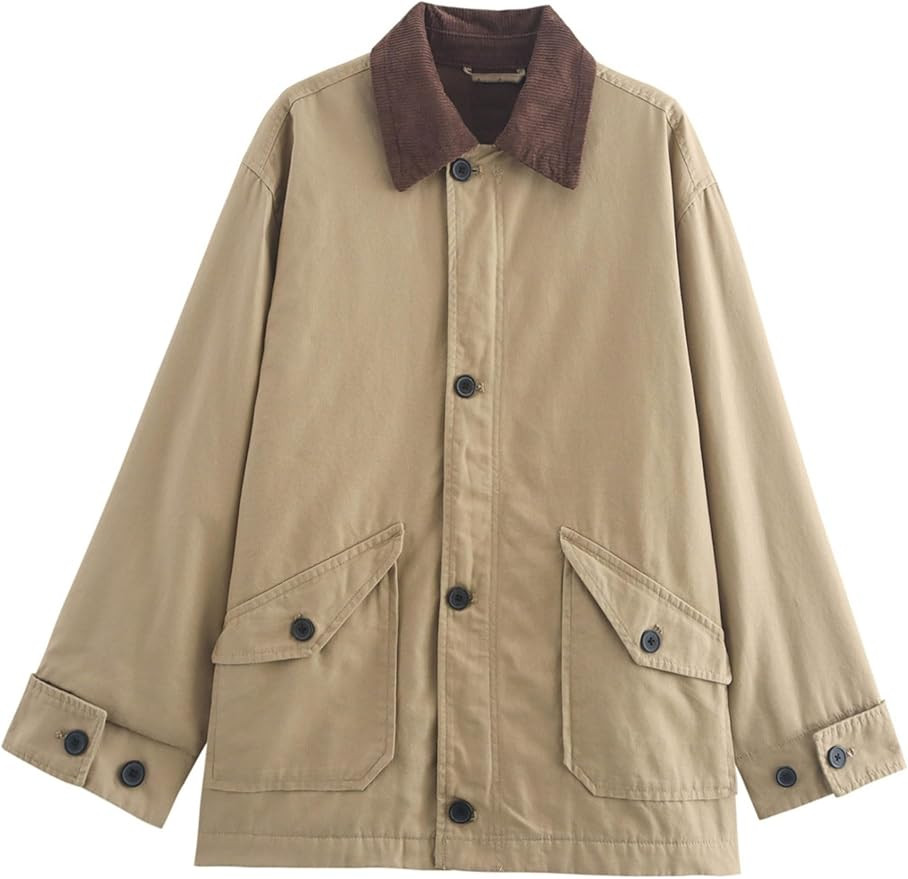Womens Oversized Barn Jacket Button Down Canvas Jacket Corduroy Lapel Collar Fall Fashion 2024 Tr... | Amazon (US)