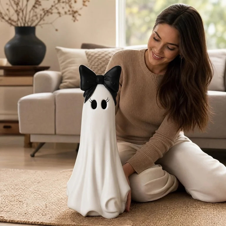 20 Inch Large Ghost Figurine with Bow Tabletop Decoration, White Resin Standing Ghost Statue, Spo... | Walmart (US)
