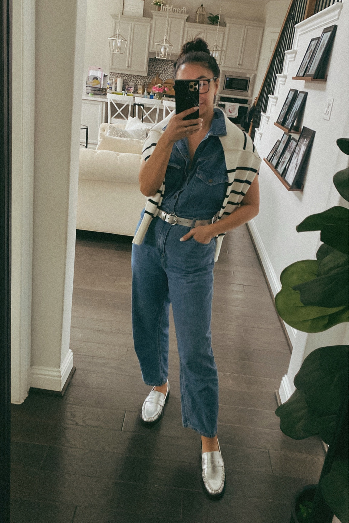 Denim jumpsuit + silver loafers 

#LTKover40