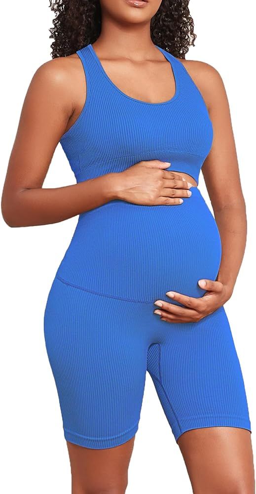 Women's Maternity 2 Piece Outfit Set - Bra & Shorts for Pregnancy - Yoga workout Lounge Wear Sets | Amazon (US)