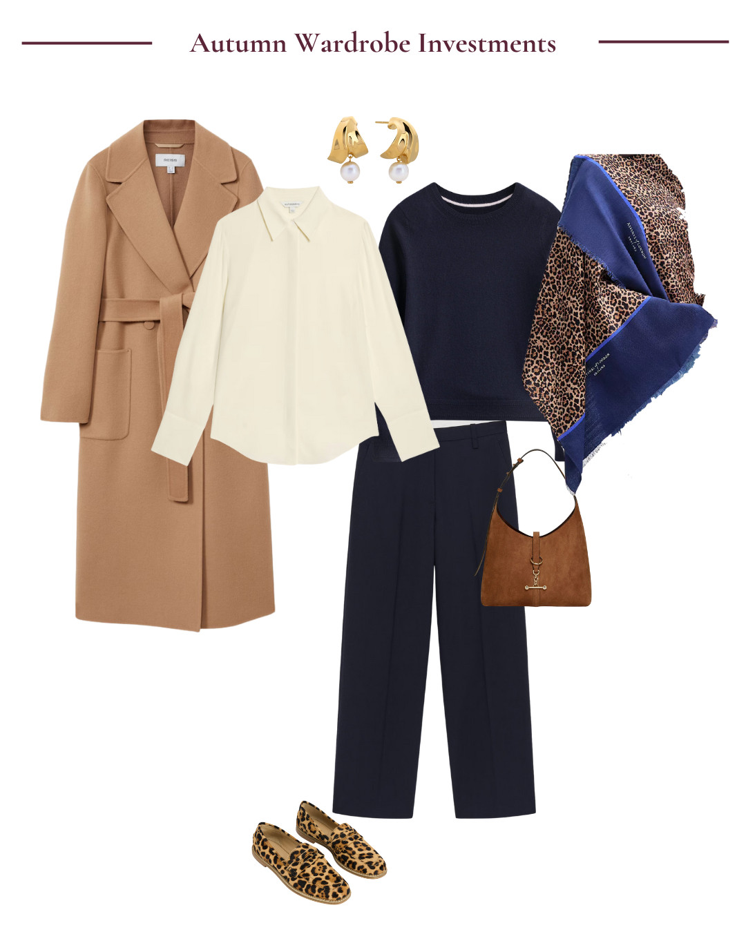 Autumn wardrobe investments - camel coat, cashmere sweater, wool trousers, suede bag, animal print wrap and loafers 

 #LTKautumn #LTKover50style #LTKstyletip