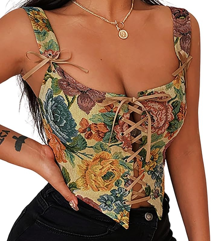 Women's Summer Vintage Floral Renaissance Corset Top for Women Y2k Tops Sleeveless Drawstring Cro... | Amazon (US)